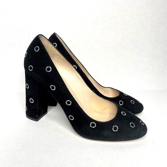 Black Suede Block Heel Pumps Size 6.5 | Retro Mod Polka Dot Party Shoes Sparkly - Picture 2 of 11